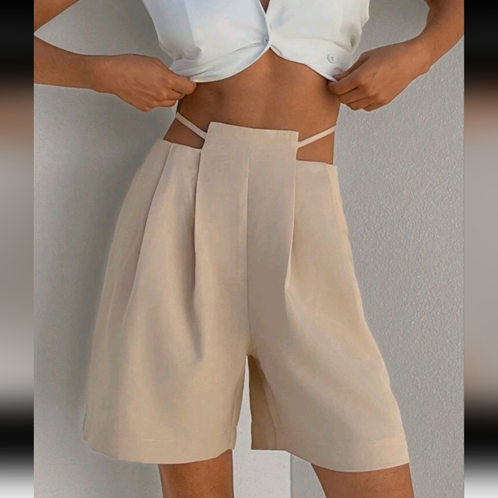 NWOT Aloruh Women's High-Waisted Wrap Tie Wide-Leg Shorts, XL (12), Khaki Tan